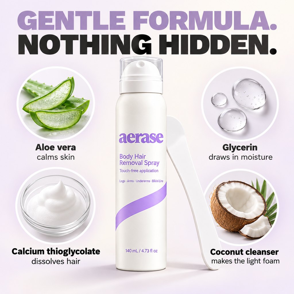 AERASE ingredients: aloe vera, glycerin, calcium thioglycolate, coconut-derived cleanser