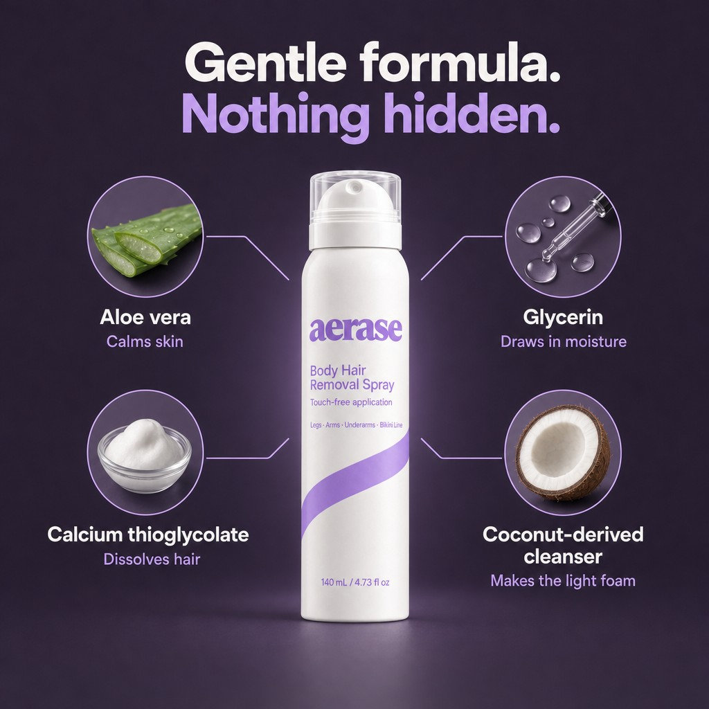 AERASE ingredients: aloe vera, glycerin, calcium thioglycolate, coconut cleanser