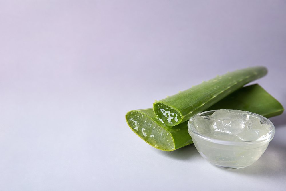 Cut aloe vera leaf and a dish of aloe gel