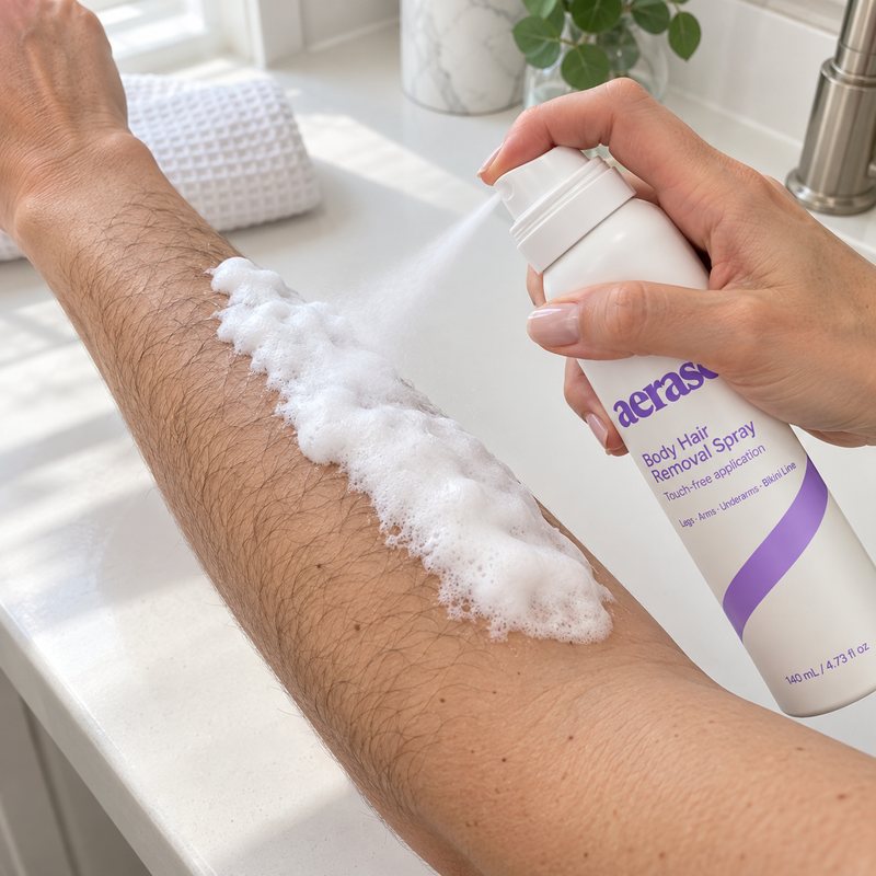 Spraying foam onto his thigh