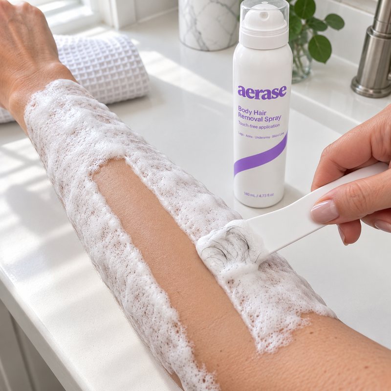 Foam rinsing off the same thigh, smooth skin underneath